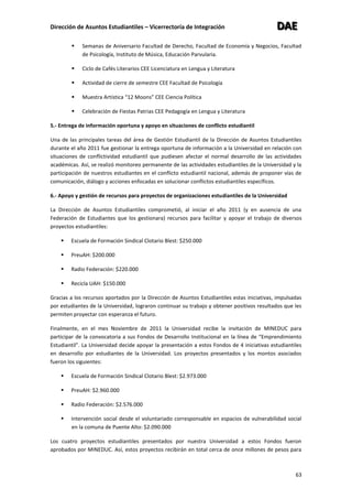 Dirección de Asuntos Estudiantiles – Vicerrectoría de Integración DDDAAAEEE
63
 Semanas de Aniversario Facultad de Derecho, Facultad de Economía y Negocios, Facultad
de Psicología, Instituto de Música, Educación Parvularia.
 Ciclo de Cafés Literarios CEE Licenciatura en Lengua y Literatura
 Actividad de cierre de semestre CEE Facultad de Psicología
 Muestra Artística “12 Moons” CEE Ciencia Política
 Celebración de Fiestas Patrias CEE Pedagogía en Lengua y Literatura
5.- Entrega de información oportuna y apoyo en situaciones de conflicto estudiantil
Una de las principales tareas del área de Gestión Estudiantil de la Dirección de Asuntos Estudiantiles
durante el año 2011 fue gestionar la entrega oportuna de información a la Universidad en relación con
situaciones de conflictividad estudiantil que pudiesen afectar el normal desarrollo de las actividades
académicas. Así, se realizó monitoreo permanente de las actividades estudiantiles de la Universidad y la
participación de nuestros estudiantes en el conflicto estudiantil nacional, además de proponer vías de
comunicación, diálogo y acciones enfocadas en solucionar conflictos estudiantiles específicos.
6.- Apoyo y gestión de recursos para proyectos de organizaciones estudiantiles de la Universidad
La Dirección de Asuntos Estudiantiles comprometió, al iniciar el año 2011 (y en ausencia de una
Federación de Estudiantes que los gestionara) recursos para facilitar y apoyar el trabajo de diversos
proyectos estudiantiles:
 Escuela de Formación Sindical Clotario Blest: $250.000
 PreuAH: $200.000
 Radio Federación: $220.000
 Recicla UAH: $150.000
Gracias a los recursos aportados por la Dirección de Asuntos Estudiantiles estas iniciativas, impulsadas
por estudiantes de la Universidad, lograron continuar su trabajo y obtener positivos resultados que les
permiten proyectar con esperanza el futuro.
Finalmente, en el mes Noviembre de 2011 la Universidad recibe la invitación de MINEDUC para
participar de la convocatoria a sus Fondos de Desarrollo Institucional en la línea de “Emprendimiento
Estudiantil”. La Universidad decide apoyar la presentación a estos Fondos de 4 iniciativas estudiantiles
en desarrollo por estudiantes de la Universidad. Los proyectos presentados y los montos asociados
fueron los siguientes:
 Escuela de Formación Sindical Clotario Blest: $2.973.000
 PreuAH: $2.960.000
 Radio Federación: $2.576.000
 Intervención social desde el voluntariado corresponsable en espacios de vulnerabilidad social
en la comuna de Puente Alto: $2.090.000
Los cuatro proyectos estudiantiles presentados por nuestra Universidad a estos Fondos fueron
aprobados por MINEDUC. Así, estos proyectos recibirán en total cerca de once millones de pesos para
 
