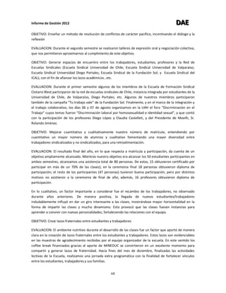 Informe de Gestión 2012 DDDAAAEEE
68
OBJETIVO: Enseñar un método de resolución de conflictos de carácter pacífico, incentivando el diálogo y la
reflexión
EVALUACION: Durante el segundo semestre se realizaron talleres de expresión oral y negociación colectiva,
que nos permitieron aproximarnos al cumplimiento de este objetivo.
OBJETIVO: Generar espacios de encuentro entre los trabajadores, estudiantes, profesores y la Red de
Escuelas Sindicales (Escuela Sindical Universidad de Chile; Escuela Sindical Universidad de Valparaíso;
Escuela Sindical Universidad Diego Portales; Escuela Sindical de la Fundación Sol; y Escuela Sindical del
ICAL), con el fin de afianzar los lazos académicos…etc.
EVALUACION: Durante el primer semestre algunos de los miembros de la Escuela de Formación Sindical
Clotario Blest participaron de la red de escuelas sindicales de Chile, instancia integrada por estudiantes de la
Universidad de Chile, de Valparaíso, Diego Portales, etc. Algunos de nuestros miembros participaron
también de la campaña “Tu trabajo vale” de la Fundación Sol. Finalmente, y en el marco de la integración y
el trabajo colaborativo, los días 06 y 07 de agosto organizamos en la UAH el foro “Discriminación en el
Trabajo” cuyos temas fueron “Discriminación laboral por homosexualidad e identidad sexual”, y que contó
con la participación de los profesores Diego López y Claudia Castelleti, y del Presidente de Movilh, Sr.
Rolando Jiménez.
OBJETIVO: Mejorar cuantitativa y cualitativamente nuestro número de matrícula, entendiendo por
cuantitativo un mayor número de alumnos y cualitativo fomentando una mayor diversidad entre
trabajadores sindicalizados y no sindicalizados, para una retroalimentación.
EVALUACION: El resultado final del año, en lo que respecta a matrícula y participación, da cuenta de un
objetivo ampliamente alcanzado. Mientras nuestro objetivo era alcanzar los 50 estudiantes participantes en
ambos semestres, alcanzamos una asistencia total de 80 personas. De estos, 15 obtuvieron certificado por
participar en más de un 70% de las clases); en la ceremonia final 18 personas obtuvieron diploma de
participación; el resto de los participantes (47 personas) tuvieron buena participación, pero por distintos
motivos no asistieron a la ceremonia de final de año; además, 16 profesores obtuvieron diploma de
participación.
En lo cualitativo, un factor importante a considerar fue el recambio de los trabajadores, no observado
durante años anteriores. De manera positiva, la llegada de nuevos estudiantes/trabajadores
indudablemente influyó en dar un giro interesante a las clases, mostrándose mayor horizontalidad en la
forma de impartir las clases y mucho dinamismo. Esto provocó que las clases fuesen instancias para
aprender a convivir con nuevas personalidades, fortaleciendo las relaciones con el equipo.
OBJETIVO: Crear lazos fraternales entre estudiantes y trabajadores
EVALUACION: El ambiente nutritivo durante el desarrollo de las clases fue un factor que aportó de manera
clara en la creación de lazos fraternales entre los estudiantes y trabajadores. Estos lazos son evidenciables
en las muestras de agradecimiento recibidas por el equipo organizador de la escuela. En este sentido los
coffee break financiados gracias al aporte de MINEDUC se convirtieron en un excelente momento para
compartir y generar lazos de fraternidad. Hacia fines del mes de diciembre, finalizadas las actividades
lectivas de la Escuela, realizamos una jornada extra programática con la finalidad de fortalecer vínculos
entre los estudiantes, trabajadores y sus familias.
 