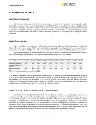 Informe de Gestión 2014
9
III BIENESTAR ESTUDIANTIL
II.1 ANTECEDENTES GENERALES
Es importante señalar que en los últimos años se produce un incremento significativo por concepto de Ayudas
Estudiantiles, concretamente con la creación de la Beca Vocación de Profesor y la ampliación de la Beca Juan Gómez Milla
hasta el Tercer Quintil para el año 2012. Cabe considerar, que estas modificaciones en las políticas estatales e incrementos
en las becas entregadas por parte del Estado, conllevan una revisión permanente y un replanteamiento de nuestras
propias ayudas institucionales, con el fin de ser más eficientes y asertivos en los apoyos que se entrega a nuestros
estudiantes.
II.2 GESTIÓN DE BENEFICIOS
Para el año 2014 se constata que 4452 estudiantes cuentan con algún tipo de beneficio, ya sea Institucional,
Estatal o Crédito, lo que equivale al 83% de los estudiantes matriculados en este período. Un aumento en términos
porcentuales en relación al año 2013 de un 11% y un aumento en términos numéricos de 507 estudiantes con beneficios.
En el cuadro siguiente se puede observar este dato, más los avances progresivos que se han logrado desde el
2005 a la fecha. En ese año la cobertura de estudiantes alcanzaba sólo el 24% de los matriculados.
Tabla Nº1 Total de estudiantes beneficiados 2013
En la Tabla Nº 1 se muestra como a contar del año 2006 se produce un aumento en la cobertura de estudiantes, producto
de la irrupción del crédito Ley 20.027, que permitió el acceso al crédito a familias, que sin el apoyo (aval) de las
universidades, no hubiesen sido aceptadas en el sistema crediticio convencional, esto por cuanto pertenecen
principalmente a los tres primeros quintiles de ingresos. En el año 2014 el otorgamiento de este beneficio se amplía a todo
estudiante que postuló a él, independiente de su quintil de ingresos familiares.
II.3 TASAS DE RETENCIÓN CRÉDITO LEY 20027 Y BECAS ESTATALES DE ARANCEL
La Unidad de Bienestar Estudiantil tiene dentro de sus objetivos contribuir a la retención de los estudiantes de
nuestra Universidad, en particular de los estudiantes que tienen algún tipo beneficios. Es importante señalar, que una de
las causales de suspensión de nuestros estudiantes responde a dificultades económicas que enfrentan nuestros
estudiantes y sus familias. Por lo mismo, desde esta Unidad se realizan diversas gestiones y esfuerzos para retener a los
estudiantes. Por ejemplo, a partir de este año se realizaron dos reuniones: una dirigida a los directores y coordinadores
académicos y otra reunión dirigida a los estudiantes con beneficios estatales. En estas reuniones se entregó, entre otras
cosas, información sobre los requisitos para mantener los beneficios estatales y se les dio algunas orientaciones destinas
a ayudar a los estudiantes a que tomen decisiones oportunas que les permitan mantener sus beneficios.
AÑO Año 2005 Año 2006 Año 2007 Año 2008 Año 2009 Año 2010 Año 2011 Año 2012 Año 2013 Año 2014
Nº estudiantes beneficiados 309 814 1.487 1.801 2.225 2.659 3.225 3.379 3.945 4.452
Total alumnos vigentes al 31
de Octubre
1.289 2.166 2.825 3.395 3.673 4.094 4.540 4.626 5.450 5.332
% alumnos c/beneficios 24% 38% 53% 53% 61% 65% 71% 73% 72% 83%
 