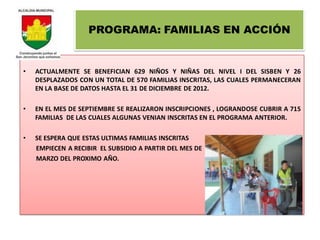 PROGRAMA: FAMILIAS EN ACCIÓN


•   ACTUALMENTE SE BENEFICIAN 629 NIÑOS Y NIÑAS DEL NIVEL I DEL SISBEN Y 26
    DESPLAZADOS CON UN TOTAL DE 570 FAMILIAS INSCRITAS, LAS CUALES PERMANECERAN
    EN LA BASE DE DATOS HASTA EL 31 DE DICIEMBRE DE 2012.

•   EN EL MES DE SEPTIEMBRE SE REALIZARON INSCRIPCIONES , LOGRANDOSE CUBRIR A 715
    FAMILIAS DE LAS CUALES ALGUNAS VENIAN INSCRITAS EN EL PROGRAMA ANTERIOR.

•   SE ESPERA QUE ESTAS ULTIMAS FAMILIAS INSCRITAS
    EMPIECEN A RECIBIR EL SUBSIDIO A PARTIR DEL MES DE
    MARZO DEL PROXIMO AÑO.
 