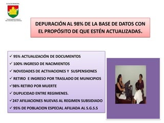 DEPURACIÓN AL 98% DE LA BASE DE DATOS CON
              EL PROPÓSITO DE QUE ESTÉN ACTUALIZADAS.



 95% ACTUALIZACIÓN DE DOCUMENTOS
 100% INGRESO DE NACIMIENTOS
 NOVEDADES DE ACTIVACIONES Y SUSPENSIONES
 RETIRO E INGRESO POR TRASLADO DE MUNICIPIOS
98% RETIRO POR MUERTE
 DUPLICIDAD ENTRE REGIMENES.
247 AFILIACIONES NUEVAS AL REGIMEN SUBSIDIADO
 95% DE POBLACION ESPECIAL AFILIADA AL S.G.S.S
 