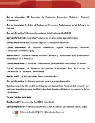 Informe de Gestión Coordinación Nal Eliana Santos Echavarría octubre 2013