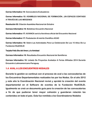 Informe de Gestión Coordinación Nal Eliana Santos Echavarría octubre 2013