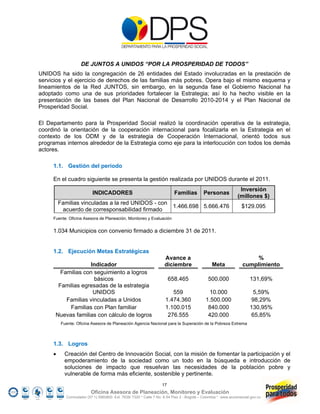 DE JUNTOS A UNIDOS “POR LA PROSPERIDAD DE TODOS”
UNIDOS ha sido la congregación de 26 entidades del Estado involucradas en la prestación de
servicios y el ejercicio de derechos de las familias más pobres. Opera bajo el mismo esquema y
lineamientos de la Red JUNTOS, sin embargo, en la segunda fase el Gobierno Nacional ha
adoptado como una de sus prioridades fortalecer la Estrategia; así lo ha hecho visible en la
presentación de las bases del Plan Nacional de Desarrollo 2010-2014 y el Plan Nacional de
Prosperidad Social.

El Departamento para la Prosperidad Social realizó la coordinación operativa de la estrategia,
coordinó la orientación de la cooperación internacional para focalizarla en la Estrategia en el
contexto de los ODM y de la estrategia de Cooperación Internacional, orientó todos sus
programas internos alrededor de la Estrategia como eje para la interlocución con todos los demás
actores.

     1.1. Gestión del periodo

     En el cuadro siguiente se presenta la gestión realizada por UNIDOS durante el 2011.
                                                                                                                Inversión
                           INDICADORES                                    Familias         Personas
                                                                                                               (millones $)
         Familias vinculadas a la red UNIDOS - con
                                                   1.466.698 5.666.476                                           $129.095
          acuerdo de corresponsabilidad firmado
     Fuente: Oficina Asesora de Planeación, Monitoreo y Evaluación


     1.034 Municipios con convenio firmado a diciembre 31 de 2011.


     1.2. Ejecución Metas Estratégicas
                                                                     Avance a                                          %
                   Indicador                                         diciembre                  Meta              cumplimiento
        Familias con seguimiento a logros
                     básicos                                            658.465               500.000                 131,69%
       Familias egresadas de la estrategia
                    UNIDOS                                              559                    10.000                  5,59%
          Familias vinculadas a Unidos                               1.474.360               1.500.000                98,29%
           Familias con Plan familiar                                1.100.015                840.000                 130,95%
      Nuevas familias con cálculo de logros                           276.555                 420.000                 65,85%
          Fuente: Oficina Asesora de Planeación Agencia Nacional para la Superación de la Pobreza Extrema



     1.3. Logros
          Creación del Centro de Innovación Social, con la misión de fomentar la participación y el
           empoderamiento de la sociedad como un todo en la búsqueda e introducción de
           soluciones de impacto que resuelvan las necesidades de la población pobre y
           vulnerable de forma más eficiente, sostenible y pertinente.
                                                                   17
                          Oficina Asesora de Planeación, Monitoreo y Evaluación
            Conmutador (57 1) 5960800 Ext. 7638/ 7320 * Calle 7 No. 6-54 Piso 2 - Bogotá – Colombia * www.accionsocial.gov.co
 