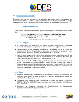 3.1. Programa Paz y Desarrollo

El objetivo del proyecto es apoyar a la población vulnerable, pobre y desplazada en
comunidades urbanas y rurales de regiones afectadas por la violencia, reduciendo su riesgo
de exposición al conflicto y mitigando el impacto negativo de posibles efectos derivados.

      3.1.1.        Gestión del periodo

  En el cuadro siguiente se presenta la gestión realizada por el programa durante el año
  2011.
                            INDICADOR                               FAMILIAS           INVERSIÓN (MILLONES)
                 Familias atendidas por el Programa
                                                                       1.860                      $ 2.014
                         de Desarrollo y Paz

                                 Fuente: Oficina Asesora de Planeación Monitoreo y Evaluación

      3.1.2.        Logros
   32 subproyectos de generación de activos sociales, económicos y culturales
    aprobados y en proceso de ejecución en 113 municipios de 6 regiones del país.
   Fortalecimiento de los Procesos Estratégicos Territoriales (PET) a través del
    fortalecimiento de las Organizaciones Usuarias que ejecutan el proyecto y que
    posteriormente, aportarán al diseño del modelo de Paz y Desarrollo.
   Implementación de planes de mejoramiento a las capacidades organizacionales de las
    Organizaciones Usuarias, a partir de los resultados de la aplicación del Índice de
    Capacidades Organizacionales (ICO) y del diagnóstico inicial.
   Premio Nacional de Paz 2011 al subproyecto “Fortalecimiento de la economía popular
    en los municipios de Barrancabermeja, Puerto Wilches, Sabana de Torres y
    Aguachica, para la sostenibilidad de los emprendimientos y la generación de empleo a
    través de microcréditos”, desarrollado por la Organización Usuaria “Asociación de
    Desarrollo Comunitario - Merquemos Juntos”.


  3.1.1   Retos
   Identificar, sistematizar y promocionar las experiencias exitosas (subproyectos) de
    construcción de activos sociales, económicos y culturales para aportar al diseño del
    modelo de Paz y Desarrollo.
   Empoderar a las Organizaciones Usuarias de la región del Macizo Colombiano
    (FUDAM y SALVADOR MARRO) para que sean referentes replicables del modelo de
    Paz y Desarrollo.
   Consolidar la Estrategia Nacional de Fortalecimiento                                                  de      Capacidades
    Organizacionales en las 6 regiones de intervención.



                                                           44
                  Oficina Asesora de Planeación, Monitoreo y Evaluación
    Conmutador (57 1) 5960800 Ext. 7638/ 7320 * Calle 7 No. 6-54 Piso 2 - Bogotá – Colombia * www.accionsocial.gov.co
 