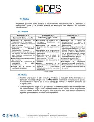 3.5 AfroPaz

       Programas que tiene como objetivo el fortalecimiento Institucional para el Desarrollo, la
       Participación Social y la Gestión Pública en Municipios con Mayoría de Población
       Afrocolombiana.

          3.5.1 Logros

          COMPONENTE A                                   COMPONENTE B                                      COMPONENTE C
                                                  Organización Socia: Pastoral
  Organización Socia: Amunafro                                                                                     GPDE
                                                               Social
 Realizado      el    diagnostico   de        Socialización del Proyecto en 9                 Realización de 1 Misión de
  Capacidades de 16 Municipios.                 municipios      Beneficiarios    del             acompañamiento            para     la
 Diseño de un Protocolo Gerencial              componente B.                                    implementación y ejecución con el
  para los alcaldes.                           Identificación   de    perfiles  de              Banco Mundial
 Diagnostico de 3 Asociaciones de              proyectos con las organizaciones                Planeación del proyecto ajustada a
  Municipios.                Amunafro,          Afro.                                            las condiciones del año 2011 y 2012.
  Fedempacifico y Amunorca.                    Capacitación a las organizaciones                (Manual Operativo, Plan Operativo
 Gestión, aprobación y ejecución de            afro de 9 municipios en formulación              General y Plan de Adquisiciones,
  un subgrant de ejecución directa              de proyectos                                     con el acompañamiento e insumos
  para fortalecer Asociaciones de              Diagnostico sobre el estado de                   de las Organizaciones Socias. (No
  Municipios Afro.                              articulación de los planes de                    objeciones del Banco Mundial).
 Diseño de un plan de mejoramiento             Etnodesarrollo, POT, PDL.                       Acompañamiento con DNP
  por municipio.                               Lanzamiento de Convocatoria de                  para aplicar ICP en municipios
 Intercambio de Experiencias de                Proyectos.                                      Lanzamiento      de     convocatoria,
  AMUNAFRO               en        MED,        Gestión y aprobación de un                       acompañamiento a la socialización.
  Cundinamarca                                  subgrant de ejecución directa para              Acompañamiento en la evaluación
 Avance      en    el    proceso    de         fortalecer           Organizaciones              de la convocatoria y adjudicación de
  certificación de calidad.                     Afrocolombianas en los municipios                la misma.
                                                beneficiarios.
                                                              Fuente: Afropaz


          3.5.2 Retos
           Realizar una revisión in situ, puntual y directa de la ejecución de los recursos de la
            donación, iniciamos este proceso en AMUNAFRO, obteniendo como resultado que las
            recomendaciones hechas por el banco y el equipo del GDP no han sido atendidas por
            la organización.
           Durante la próxima etapa en la que se inicia el verdadero proceso de articulación entre
            los componentes A, B y C, será fundamental realizar una jornada inicial de planeación
            conjunta, definir alcances del proyecto para el próximo año, y así mismo coordinar las
            agendas y cronogramas de todos los componentes.




                                                                    51
                           Oficina Asesora de Planeación, Monitoreo y Evaluación
             Conmutador (57 1) 5960800 Ext. 7638/ 7320 * Calle 7 No. 6-54 Piso 2 - Bogotá – Colombia * www.accionsocial.gov.co
 