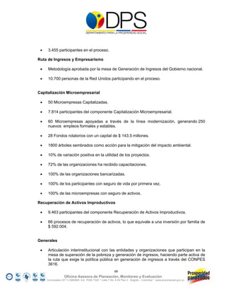     3.455 participantes en el proceso.

Ruta de Ingresos y Empresarismo

     Metodología aprobada por la mesa de Generación de Ingresos del Gobierno nacional.

     10.700 personas de la Red Unidos participando en el proceso.


Capitalización Microempresarial

     50 Microempresas Capitalizadas.

     7.814 participantes del componente Capitalización Microempresarial.

     60 Microempresas apoyadas a través de la línea modernización, generando 250
      nuevos empleos formales y estables.

     28 Fondos rotatorios con un capital de $ 143.5 millones.

     1800 árboles sembrados como acción para la mitigación del impacto ambiental.

     10% de variación positiva en la utilidad de los proyectos.

     72% de las organizaciones ha recibido capacitaciones.

     100% de las organizaciones bancarizadas.

     100% de los participantes con seguro de vida por primera vez.

     100% de las microempresas con seguro de activos.

Recuperación de Activos Improductivos

     9.463 participantes del componente Recuperación de Activos Improductivos.

     66 procesos de recuperación de activos, lo que equivale a una inversión por familia de
      $ 592.004.


Generales

     Articulación interinstitucional con las entidades y organizaciones que participan en la
      mesa de superación de la pobreza y generación de ingresos, haciendo parte activa de
      la ruta que exige la política pública en generación de ingresos a través del CONPES
      3616.
                                                            68
                   Oficina Asesora de Planeación, Monitoreo y Evaluación
     Conmutador (57 1) 5960800 Ext. 7638/ 7320 * Calle 7 No. 6-54 Piso 2 - Bogotá – Colombia * www.accionsocial.gov.co
 