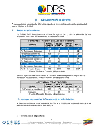 III.       EJECUCIÓN ÁREAS DE SOPORTE

A continuación se presentan los diferentes aspectos a través de los cuales se ha gestionado la
operatividad de la Entidad.

1.   Gestión en la Contratación

     La Entidad firmó 3.644 contratos durante la vigencia 2011, para la ejecución de sus
     programas misionales, como se refleja en la siguiente tabla:

                       CONTRATOS – VIGENCIA 2011 A 31 DE DICICIEMBRE
                                                        MÍNIMA  MENOR   MAYOR
                        ESTADO                                                                                TOTAL
                                                       CUANTÍA CUANTÍA CUANTÍA
          Liquidado                        204           35                                      0               239
          Por Proceso de Selección           6            4                                      0                10
          Por contratación Directa         198           31                                      0               229
          En Proceso de Liquidación        160           61                                      0               221
          Por Proceso de Selección           4           13                                      0                17
          Por Contratación Directa         156           48                                      0               204
          Ejecución                        142          2125                                    917             3184
          Por Proceso de Selección          10           55                                     152              217
          Por Contratación Directa         132          2070                                    765             2967
                     Fuente: Oficina de Contratos y Liquidaciones

     De otras vigencias, la Entidad tiene 478 contratos en estado ejecución, en proceso de
     liquidación y suspendidos; como se muestra en la siguiente tabla:

                             CONTRATOS – OTRAS VIGENCIAS
                                          MÍNIMA      MENOR       MAYOR
                    ESTADO               CUANTÍA CUANTÍA CUANTÍA                                              TOTAL
            En Proceso de Liquidación       100         170         29                                         299
                   Ejecución                71           60         48                                         179
                     Fuente: Oficina de Contratos y Liquidaciones

     1.1. Acciones para garantizar la Transparencia en la Contratación

     A través de la página de la entidad se informa a la ciudadanía en general acerca de la
     contratación adelantada durante este periodo:




     a)    Publicaciones página Web:

                                                                 77
                        Oficina Asesora de Planeación, Monitoreo y Evaluación
          Conmutador (57 1) 5960800 Ext. 7638/ 7320 * Calle 7 No. 6-54 Piso 2 - Bogotá – Colombia * www.accionsocial.gov.co
 