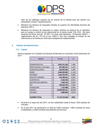 valor de los hallazgos respecto de los activos de la entidad para dar opinión con
               salvedades ó limpia, respectivamente.
              Mantener los tiempos de respuesta mientas se superan las dificultades técnicas del
               aplicativo SIIF II.
              Mantener los tiempos de respuesta en pagos mientras se dispone de un aplicativo
               para el manejo y control de las retenciones en la fuente (renta, IVA, ICA). Se viene
               haciendo de forma manual. El SIIF II no tiene esta aplicación. El Decreto 3590/11 –
               reglamentario del art. 173 de la Ley 1450/11- hizo muy complejo el manejo de las
               retenciones en la fuente por renta para trabajadores independientes.



8.       Gestión de Adquisiciones

         8.1. Logros

     ‐    Ahorros logrados en la Gestión de Estudios de Mercado en el periodo: Enero-Diciembre de
          2011:
                                               AREAS                                 TOTAL                        %


                               ADMINISTRATIVA                             $            2.002.741.283            7,38%
                               DESPLAZADOS y VICTIMAS                     $                
                                                                                          874.990.257           3,22%
                               COMUNICACIONES                             $                
                                                                                          350.926.860           1,29%
                               GERES                                      $            3.048.309.682            11,23%
                               SISTEMAS                                   $            1.650.746.297            6,08%
                               TALENTO HUMANO                             $                
                                                                                          123.998.441           0,46%
                               CONTRATOS                                  $                    3.326.320        0,01%
                               GESTION DOCUMENTAL                         $                    5.580.140        0,02%
                               PCI                                        $                
                                                                                          160.620.720           0,59%
                               FINANCIERA                                 $                    1.167.888        0,00%
                               UNIDOS                                     $          
                                                                                    18.908.438.741              69,69%
                               CALIDAD                                    $                    2.880.000        0,01%
                                                                          $                                 ‐
                               AHORRO TOTAL                               $          
                                                                                    27.133.726.628              100%

              Durante A lo largo del año 2011, se han adelantado hasta la fecha =354 estudios de
               mercado.
              En el año 2011 se reevaluaron un total de 5.962 contratos: 1.664 contratos de otras
               modalidades y 4.298 contratos de prestación de servicios.




                                                                     90
                            Oficina Asesora de Planeación, Monitoreo y Evaluación
              Conmutador (57 1) 5960800 Ext. 7638/ 7320 * Calle 7 No. 6-54 Piso 2 - Bogotá – Colombia * www.accionsocial.gov.co
 