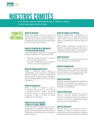 INFORME
DE GESTIÓN
julio 2016
junio 201710
NUESTROS COMITÉSEn el Gremio estamos convencidos de que el trabajo en equipo
es clave para lograr nuestras metas.
Comité de Dirección
Realiza una evaluación formal por parte de la
Alta Dirección acerca de la situación actual de la
Federación, para indicar las directrices necesarias en
la toma de decisiones y alinear los distintos procesos
con el direccionamiento estratégico. 	
Comité de Seguridad de la Información
y Protección de Base de Datos
Trabaja para adaptar la Federación a los mandatos
legales, principalmente con relación a dos temas:
•	 Protección de Datos Personales (Ley 1581 de
2012 y normas reglamentarias).
•	 Ley 1266 de 2008 Habeas Data Financiero y
Crediticio y sus normas reglamentarias.
				
Comité de Responsabilidad Social
Adopta e implementa buenas prácticas de
responsabilidad social empresarial, desarrollando
políticas, estrategias y acciones que involucran los
distintos grupos de interés: Estado, Proveedores,
Clientes, Empleados, Medio Ambiente, Comunidad y
Competidores.
Comité de Emergencias
Analiza y reduce los factores de riesgo e
incertidumbre respecto al futuro, de forma que
se capacite para asumir rápida y eficazmente
las acciones externas o internas necesarias, que
contribuyan a reducir o eliminar los efectos
negativos de una emergencia.
Comité Paritario de Seguridad
y Salud en el Trabajo, COPASST	
Socializa las prácticas saludables para motivar a los
colaboradores a que adquieran hábitos seguros y
trabajen mancomunadamente con las directivas y el
responsable del Sistema de Gestión en Seguridad y
Salud en el Trabajo.
Comité de Compras y de Políticas
Evalúa los requerimientos y necesidades de los
diferentes procesos de la Federación cuando los
montos superen hasta el 0,25% del valor de los
ingresos presupuestados en el año, por cada acto o
contrato.
Define, establece, implementa y actualiza todo lo
referente a las políticas corporativas, como lo son:
alimentación, telefonía, transporte, viáticos, asignación
de parqueaderos y compra de equipos, entre otros.
Comité de Cartera
Realiza seguimiento a la gestión de cartera y toma
de decisiones para una mayor eficiencia.
		
Comité de Segmentación	
Trabaja por una mayor y mejor caracterización de
los Afiliados para conocer y atender sus necesidades
de manera oportuna. También, busca darle mayor
potencial a la herramienta de CRM Dime Web.
Comité de Convenios 	 	
Analiza las propuestas presentadas por los empresarios
interesados en la suscripción de convenios con la
Federación, en la búsqueda de ofrecer más beneficios a
los Afiliados y sus colaboradores.
			
Comité de Convivencia 	
Promueve un excelente ambiente de convivencia
laboral y desarrolla medidas preventivas y
correctivas de acoso laboral. Además, propende por
mantener un buen clima organizacional y buenas
relaciones entre los colaboradores.	
Comité de Innovación
Desarrolla ideas en conjunto desde la visión y
necesidad de innovar en productos, servicios o
procesos para convertirlos en proyectos innovadores
que traigan beneficios para el Gremio y sus Afiliados.
COMITÉS
INTERNOS
 