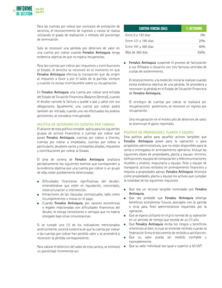 INFORME
DE GESTIÓN
julio 2016
junio 201734
Para las cuentas por cobrar por contratos de prestación de
servicios, el reconocimiento de ingresos y costos se realiza
utilizando el grado de realización o método del porcentaje
de terminación.
Solo se reconoce una pérdida por deterioro de valor en
una cuenta por cobrar cuando Fenalco Antioquia tenga
evidencia objetiva de que no espera recuperarlas.
Para las cuentas por cobrar por impuestos y contribuciones
al Estado, el derecho se reconoce en el momento en que
Fenalco Antioquia efectúa la transacción que da origen
al impuesto a favor y por el saldo de la partida, siempre
y cuando no exista incertidumbre sobre su recuperación.
En Fenalco Antioquia una cuenta por cobrar será retirada
del Estado de Situación Financiera (Balance General), cuando
el deudor cancele la factura y quede a paz y salvo con sus
obligaciones. Igualmente, una cuenta por cobrar podrá
también ser retirada, cuando una vez efectuados los análisis
pertinentes, se considera irrecuperable.
POLÍTICA DE DETERIORO EN CUENTAS POR COBRAR
El alcance de esta política contable aplica para los siguientes
grupos de activos financieros o cuentas por cobrar que
posee Fenalco Antioquia: cuentas por cobrar a clientes,
cuentas por cobrar a empleados, cuentas por cobrar a
particulares, deudores varios y compañías aliadas, impuestos
y contribuciones por cobrar al Estado.
El área de cartera de Fenalco Antioquia analizará
periódicamente los siguientes eventos que corresponden a
la evidencia objetiva que una cuenta por cobrar o un grupo
de ellas están posiblemente deterioradas:
	Dificultades financieras significativas del deudor;
entendiéndose que estén en liquidación, concordato,
reestructuración o intervención.
	 Infracciones de las cláusulas contractuales, tales como
incumplimientos o moras en el pago.
	Cuando Fenalco Antioquia, por razones económicas
o legales relacionadas con dificultades financieras del
deudor, le otorga concesiones o ventajas que no habría
otorgado bajo otras circunstancias.
Si se cumple uno (1) de los indicadores mencionados
anteriormente, existirá evidencia de que la cuenta por cobrar
o las cuentas por cobrar han perdido valor y se procederá a
reconocer la pérdida correspondiente.
Para valorar el deterioro del saldo de esta cartera, se estimará
un porcentaje incremental así:
	 Fenalco Antioquia suspende el proceso de facturación
a sus Afiliados o Usuarios con tres facturas vencidas de
cuotas de sostenimiento.
	 Elreconocimiento ylamedicióninicialserealizancuando
exista evidencia objetiva de una pérdida. Se procederá a
reconocer la pérdida en el Estado de Situación Financiera
de Fenalco Antioquia.
	 El reintegro de cuentas por cobrar se realizará así:
recuperaciones posteriores, se reconoce un ingreso por
recuperación.
	 Una recuperación en el mismo año de deterioro de valor,
se disminuye el gasto registrado.
POLÍTICA DE PROPIEDADES, PLANTA Y EQUIPO
Esta política aplica para aquellos activos tangibles que
Fenalco Antioquia posee para la operación o para
propósitos administrativos, que no están disponibles para la
venta o entregados en arrendamiento operativo. Incluye las
siguientes clases de propiedades, planta y equipo: terrenos,
edificaciones,equiposdecomputaciónytelecomunicaciones,
muebles y enseres, maquinaria y equipo, flota y equipo de
transporte, activos recibidos en arrendamiento financiero y
mejoras a propiedades ajenas. Fenalco Antioquia reconoce
como propiedades, planta y equipo los activos que cumplan
la totalidad de los siguientes requisitos:
	 Que sea un recurso tangible controlado por Fenalco
Antioquia.
	 Que sea probable que Fenalco Antioquia obtenga
beneficios económicos futuros asociados con la partida
o sirva para fines administrativos requeridos por la
operación.
	 Que se espera utilizarlo en el giro normal de su operación
en un período de tiempo que exceda de un (1) año.
	Que Fenalco Antioquia reciba los riesgos y beneficios
inherentes al bien, lo cual se entiende recibido cuando la
Federación firma el documento de recibido a satisfacción.
	Que su valor pueda ser medido confiable y
razonablemente.
	 Que su valor individual sea igual o superior a 50 UVT.
CARTERA VENCIDA (DÍAS) % DETERIORO
Entre 0 y 120 días 0%
Entre 121 y 180 días 20%
Entre 181 y 360 días 40%
Más de 360 días 100%
 