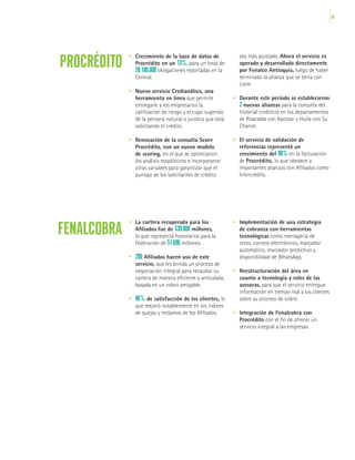 59
PROCRÉDITO
FENALCOBRA
•	 Crecimiento de la base de datos de
Procrédito en un 13%, para un total de
28.100.000 obligaciones reportadas en la
Central.
•	 Nuevo servicio Credianálisis, una
herramienta en línea que permite
entregarle a los empresarios la
calificación de riesgo y el cupo sugerido
de la persona natural o jurídica que está
solicitando el crédito.
•	 Renovación de la consulta Score
Procrédito, con un nuevo modelo
de scoring, en el que se optimizaron
los análisis estadísticos e incorporaron
otras variables para garantizar que el
puntaje de los solicitantes de crédito
•	 La cartera recuperada para los
Afiliados fue de $39.000 millones,
lo que representó honorarios para la
Federación de $1.696 millones.
•	 200 Afiliados hacen uso de este
servicio, que les brinda un proceso de
negociación integral para recaudar su
cartera de manera eficiente y articulada,
basada en un cobro amigable.
•	 86% de satisfacción de los clientes, lo
que mejoró notablemente en los índices
de quejas y reclamos de los Afiliados.
sea más ajustado. Ahora el servicio es
operado y desarrollado directamente
por Fenalco Antioquia, luego de haber
terminado la alianza que se tenía con
Lisim.
•	 Durante este período se establecieron
2 nuevas alianzas para la consulta del
historial crediticio en los departamentos
de Risaralda con Apostar y Huila con Su
Chance.
•	 El servicio de validación de
referencias representó un
crecimiento del 88% en la facturación
de Procrédito, lo que obedece a
importantes alianzas con Afiliados como
Intercrédito.
•	 Implementación de una estrategia
de cobranza con herramientas
tecnológicas como mensajería de
texto, correos electrónicos, marcador
automático, marcador predictivo y
disponibilidad de WhatsApp.
•	 Reestructuración del área en
cuanto a tecnología y roles de las
asesoras, para que el servicio entregue
información en tiempo real a los clientes
sobre su proceso de cobro.
•	 Integración de Fenalcobra con
Procrédito con el fin de ofrecer un
servicio integral a las empresas.
 