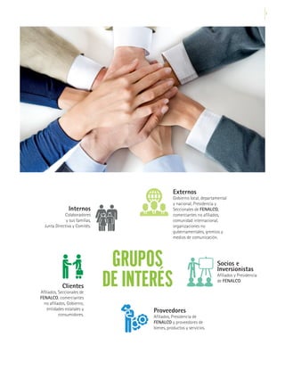 7
GRUPOS
DE INTERÉS
Internos
Colaboradores
y sus familias,
Junta Directiva y Comités.
Externos
Gobierno local, departamental
y nacional, Presidencia y
Seccionales de FENALCO,
comerciantes no afiliados,
comunidad internacional,
organizaciones no
gubernamentales, gremios y
medios de comunicación.
Socios e
Inversionistas
Afiliados y Presidencia
de FENALCO.
Clientes
Afiliados, Seccionales de
FENALCO, comerciantes
no afiliados, Gobierno,
entidades estatales y
consumidores.
Proveedores
Afiliados, Presidencia de
FENALCO y proveedores de
bienes, productos y servicios.
 