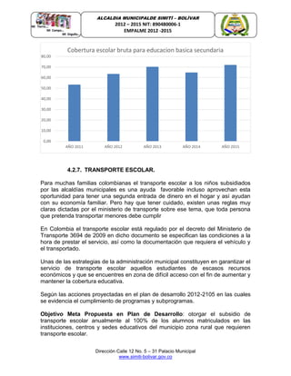 Dirección Calle 12 No. 5 – 31 Palacio Municipal
www.simiti-bolivar.gov.co
ALCALDIA MUNICIPALDE SIMITÌ – BOLÌVAR
2012 – 2015 NIT: 890480006-1
EMPALME 2012 -2015
4.2.7. TRANSPORTE ESCOLAR.
Para muchas familias colombianas el transporte escolar a los niños subsidiados
por las alcaldías municipales es una ayuda favorable incluso aprovechan esta
oportunidad para tener una segunda entrada de dinero en el hogar y así ayudan
con su economía familiar. Pero hay que tener cuidado, existen unas reglas muy
claras dictadas por el ministerio de transporte sobre ese tema, que toda persona
que pretenda transportar menores debe cumplir
En Colombia el transporte escolar está regulado por el decreto del Ministerio de
Transporte 3694 de 2009 en dicho documento se especifican las condiciones a la
hora de prestar el servicio, así como la documentación que requiera el vehículo y
el transportado.
Unas de las estrategias de la administración municipal constituyen en garantizar el
servicio de transporte escolar aquellos estudiantes de escasos recursos
económicos y que se encuentres en zona de difícil acceso con el fin de aumentar y
mantener la cobertura educativa.
Según las acciones proyectadas en el plan de desarrollo 2012-2105 en las cuales
se evidencia el cumplimiento de programas y subprogramas.
Objetivo Meta Propuesta en Plan de Desarrollo: otorgar el subsidio de
transporte escolar anualmente al 100% de los alumnos matriculados en las
instituciones, centros y sedes educativos del municipio zona rural que requieren
transporte escolar.
0,00
10,00
20,00
30,00
40,00
50,00
60,00
70,00
80,00
AÑO 2011 AÑO 2012 AÑO 2013 AÑO 2014 AÑO 2015
Cobertura escolar bruta para educacion basica secundaria
 
