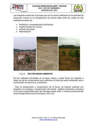 Dirección Calle 12 No. 5 – 31 Palacio Municipal
www.simiti-bolivar.gov.co
ALCALDIA MUNICIPALDE SIMITÌ – BOLÌVAR
2012 – 2015 NIT: 890480006-1
EMPALME 2012 -2015
Las imagines evidencian el proceso que se ha venido realizando en la actividad de
extracción minera en el corregimiento de animas altas entre los cuales se han
realizado procesos de:
 Nivelación y emparejamiento del terreno
 Implementación de viveros
 Llenado de bolsas
 Reforestación
4.3.2.2. SECTOR MEDIO AMBIENTE
Se han realizado actividades en el casco urbano y sector Rural con respecto a
cada uno de los componentes que conforman la línea del sector ambiental, que a
continuación se mencionan y describen.
. Para la preservación y conservación de la fauna, se hicieron estudios con
respecto a la ecología y conservación del manatí antillano (trichechus manatus)
en la zona comprendida entre las ciénagas popal, piñal, y muñeco pertenecientes
a los corregimientos de ánimas bajas y san Luis
 