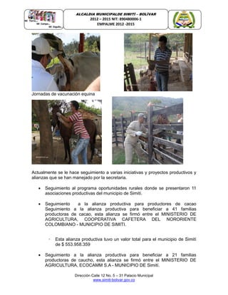 Dirección Calle 12 No. 5 – 31 Palacio Municipal
www.simiti-bolivar.gov.co
ALCALDIA MUNICIPALDE SIMITÌ – BOLÌVAR
2012 – 2015 NIT: 890480006-1
EMPALME 2012 -2015
Jornadas de vacunación equina
Actualmente se le hace seguimiento a varias iniciativas y proyectos productivos y
alianzas que se han manejado por la secretaria.
 Seguimiento al programa oportunidades rurales donde se presentaron 11
asociaciones productivas del municipio de Simití.
 Seguimiento a la alianza productiva para productores de cacao
Seguimiento a la alianza productiva para beneficiar a 41 familias
productoras de cacao, esta alianza se firmó entre el MINISTERIO DE
AGRICULTURA, COOPERATIVA CAFETERA DEL NORORIENTE
COLOMBIANO - MUNICIPIO DE SIMITI.
• Esta alianza productiva tuvo un valor total para el municipio de Simití
de $ 553.958.359
 Seguimiento a la alianza productiva para beneficiar a 21 familias
productoras de caucho, esta alianza se firmó entre el MINISTERIO DE
AGRICULTURA, ECOCAMM S.A - MUNICIPIO DE Simití.
 