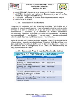 Dirección Calle 12 No. 5 – 31 Palacio Municipal
www.simiti-bolivar.gov.co
ALCALDIA MUNICIPALDE SIMITÌ – BOLÌVAR
2012 – 2015 NIT: 890480006-1
EMPALME 2012 -2015
ASOVIDEMONT: Corregimiento de Monterrey, 20 Familias asociadas.
ASOVIGA: Asociación de víctimas de Desplazamiento por el conflicto
armado del corregimiento de Monterrey.
ASOVISANJ: Asociación de víctimas del corregimiento de San Joaquín
ODV -Convenio ACNUR
4.4.6.6. Articulación Nación Territorio
Es la relación estratégica entre las entidades nacionales y territoriales con el
propósito de prevenir, asistir, atender y reparar integralmente a las víctimas en los
términos de la Ley de Víctimas, en el que se generan capacidades fiscales,
administrativas y financieras, y el desarrollo de diversos mecanismos,
herramientas y estrategias a partir de los principios constitucionales y legales de
corresponsabilidad, coordinación, concurrencia, complementariedad,
subsidiariedad, eficiencia, equilibrio de recursos y competencias.
Mediante esta articulación se han obtenido la gestión y Ejecución de proyectos de
Infraestructura y dotación para Instituciones Educativas de la Zona Rural y en
Generación de Empleo a través de Producto de Ganadería. Dotación e Instalación
de Luminarias para el Corregimiento de El Cerro y las Implementación del
Programa Familias en su Tierra.
4.4.6.7. Presupuesto Anual de Inversión Atención a las Victimas
 