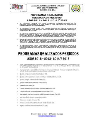 Dirección Calle 12 No. 5 – 31 Palacio Municipal
www.simiti-bolivar.gov.co
ALCALDIA MUNICIPALDE SIMITÌ – BOLÌVAR
2012 – 2015 NIT: 890480006-1
EMPALME 2012 -2015
 