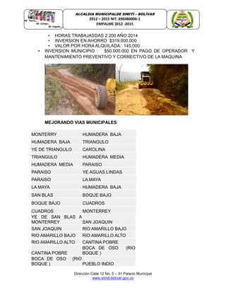 Dirección Calle 12 No. 5 – 31 Palacio Municipal
www.simiti-bolivar.gov.co
ALCALDIA MUNICIPALDE SIMITÌ – BOLÌVAR
2012 – 2015 NIT: 890480006-1
EMPALME 2012 -2015
• HORAS TRABAJASDAS 2.200 AÑO 2014
• INVERSION EN AHORRO $319.000.000
• VALOR POR HORA ALQUILADA: 145.000
• INVERSION MUNICIPIO : $50.000.000 EN PAGO DE OPERADOR Y
MANTENIMIENTO PREVENTIVO Y CORRECTIVO DE LA MAQUINA
MEJORANDO VIAS MUNICIPALES
MONTERRY HUMADERA BAJA
HUMADERA BAJA TRIANGULO
YE DE TRIANGULO CAROLINA
TRIANGULO HUMADERA MEDIA
HUMADERA MEDIA PARAISO
PARAISO YE AGUAS LINDAS
PARAISO LA MAYA
LA MAYA HUMADERA BAJA
SAN BLAS BOQUE BAJO
BOQUE BAJO CUADROS
CUADROS MONTERREY
YE DE SAN BLAS A
MONTERREY SAN JOAQUIN
SAN JOAQUIN RIO AMARILLO BAJO
RIO AMARILLO BAJO RIO AMARILLO ALTO
RIO AMARILLO ALTO CANTINA POBRE
CANTINA POBRE
BOCA DE OSO (RIO
BOQUE )
BOCA DE OSO (RIO
BOQUE ) PUEBLO INDIO
 