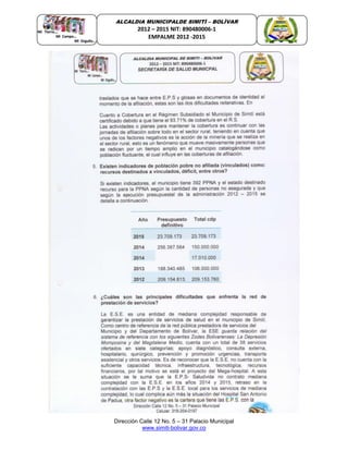 Dirección Calle 12 No. 5 – 31 Palacio Municipal
www.simiti-bolivar.gov.co
ALCALDIA MUNICIPALDE SIMITÌ – BOLÌVAR
2012 – 2015 NIT: 890480006-1
EMPALME 2012 -2015
 