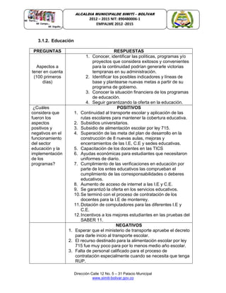 Dirección Calle 12 No. 5 – 31 Palacio Municipal
www.simiti-bolivar.gov.co
ALCALDIA MUNICIPALDE SIMITÌ – BOLÌVAR
2012 – 2015 NIT: 890480006-1
EMPALME 2012 -2015
3.1.2. Educación
PREGUNTAS RESPUESTAS
Aspectos a
tener en cuenta
(100 primeros
días)
1. Conocer, identificar las políticas, programas y/o
proyectos que considera exitosos y convenientes
para la continuidad podrían generarle victorias
tempranas en su administración.
2. Identificar los posibles indicadores y líneas de
base y plantearse nuevas metas a partir de su
programa de gobierno.
3. Conocer la situación financiera de los programas
de educación.
4. Seguir garantizando la oferta en la educación.
¿Cuáles
considera que
fueron los
aspectos
positivos y
negativos en el
funcionamiento
del sector
educación y la
implementación
de los
programas?
POSITIVOS
1. Continuidad al transporte escolar y aplicación de las
rutas escolares para mantener la cobertura educativa.
2. Subsidios universitarios.
3. Subsidio de alimentación escolar por ley 715.
4. Superación de las meta del plan de desarrollo en la
construcción de 8 nuevas aulas, mejoras y
encerramientos de las I.E, C.E y sedes educativas.
5. Capacitación de los docentes en las TICS
6. Ayudas económicas para estudiantes que necesitaron
uniformes de diario.
7. Cumplimiento de las verificaciones en educación por
parte de los entes educativos las comprueban el
cumplimiento de las corresponsabilidades o deberes
educativos.
8. Aumento de acceso de internet a las I.E y C.E.
9. Se garantizó la oferta en los servicios educativos.
10.Se terminó con el proceso de contratación de los
docentes para la I.E de monterrey.
11.Dotación de computadores para las diferentes I.E y
C.E.
12.Incentivos a los mejores estudiantes en las pruebas del
SABER 11.
NEGATIVOS
1. Esperar que el ministerio de transporte apruebe el decreto
para darle inicio al transporte escolar.
2. El recurso destinado para la alimentación escolar por ley
715 fue muy poco para por lo menos medio año escolar.
3. Falta de personal calificado para el proceso de
contratación especialmente cuando se necesita que tenga
RUP.
 