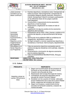 Dirección Calle 12 No. 5 – 31 Palacio Municipal
www.simiti-bolivar.gov.co
ALCALDIA MUNICIPALDE SIMITÌ – BOLÌVAR
2012 – 2015 NIT: 890480006-1
EMPALME 2012 -2015
¿Qué acciones
considera que se
deben continuar?
2. Eventos deportivos y recreativos como: Campeonato de
futbol municipal, intercorregimental, Campeonato de
microfútbol categoría abierta masculino, femenino e
infantil, Campeonato Futbol 8 municipal y participación
en las diferentes fases de los juegos supérate
intercolegiados.
3. Construcción y mejoramiento de los escenarios
deportivos a nivel municipal.
4. Organización y legalización de clubes en todo el
municipio.
5. Legalización de algunos predios de los escenarios
deportivos del municipio.
Lecciones
Aprendidas
respecto al
funcionamiento y
al Sector
Deportivo y en la
Implementación
de Programas.
1. Participación de los niños, niñas, jóvenes y adultos en la
práctica del deporte y el aprovechamiento del tiempo
libre.
2. Disminución de la población NNA en problemas de
drogadicción, alcoholismo, entre otros.
3. Se logró compartir y conocer experiencias deportivas y
recreativas a nivel local, intermunicipal y departamental.
Dificultades en el
Sector Deporte y
sus Programas
1. Falta de escenarios deportivos apropiados para la
práctica de algunas disciplinas como patinaje, natación,
atletismo.
2. Encerramiento e iluminación de algunos escenarios
para la práctica deportiva.
3. Falta de ESCENARIOS RECREATIVOS. (Parques
infantiles)
RESPONDE: DIRECTIVO: Efrén Peña Ruiz
SECRETARIA: Nini Johana
3.1.5. Cultura
PREGUNTA RESPUESTA
Aspectos a tener en
cuenta (100 primeros
días)
1. Seguir con la continuación de los procesos de
formación en las escuelas de música y danza.
2. Creación de la Escuela de Artes
3. Reactivación del Consejo Municipal de Cultura.
4. Contratación de personal capacitado para la
escuela de música Francisco Salazar.
5. Socializar con los usuarios el manejo adecuado
de las instalaciones de la casa de la cultura Rafael
Núñez, exigencias del ministerio de Cultura.
6. Seguir con el apoyo y sostenimiento de las
escuelas de formación existente y creación de
nuevas escuelas.
 