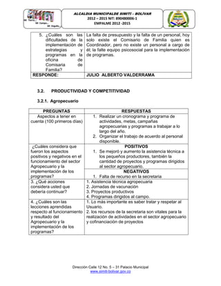 Dirección Calle 12 No. 5 – 31 Palacio Municipal
www.simiti-bolivar.gov.co
ALCALDIA MUNICIPALDE SIMITÌ – BOLÌVAR
2012 – 2015 NIT: 890480006-1
EMPALME 2012 -2015
5. ¿Cuáles son las
dificultades de la
implementación de
estrategias y
programas en la
oficina de
Comisaria de
Familia?
La falta de presupuesto y la falta de un personal, hoy
solo existe el Comisario de Familia quien es
Coordinador, pero no existe un personal a cargo de
él; la falte equipo psicosocial para la implementación
de programas.
RESPONDE: JULIO ALBERTO VALDERRAMA
3.2. PRODUCTIVIDAD Y COMPETITIVIDAD
3.2.1. Agropecuario
PREGUNTAS RESPUESTAS
Aspectos a tener en
cuenta (100 primeros días)
1. Realizar un cronograma y programa de
actividades, metas, campañas
agropecuarias y programas a trabajar a lo
largo del año.
2. Organizar el trabajo de acuerdo al personal
disponible.
¿Cuáles considera que
fueron los aspectos
positivos y negativos en el
funcionamiento del sector
Agropecuario y la
implementación de los
programas?
POSITIVOS
1. Se mejoró y aumento la asistencia técnica a
los pequeños productores, también la
cantidad de proyectos y programas dirigidos
al sector agropecuario.
NEGATIVOS
1. Falta de recurso en la secretaria
3. ¿Qué acciones
considera usted que
debería continuar?
1. Asistencia técnica agropecuaria
2. Jornadas de vacunación
3. Proyectos productivos
4. Programas dirigidos al campo.
4. ¿Cuáles son las
lecciones aprendidas
respecto al funcionamiento
y resultado del
Agropecuario y la
implementación de los
programas?
1. Lo más importante es saber tratar y respetar al
Usuario.
2. los recursos de la secretaria son vitales para la
realización de actividades en el sector agropecuario
y cofinanciación de proyectos
 