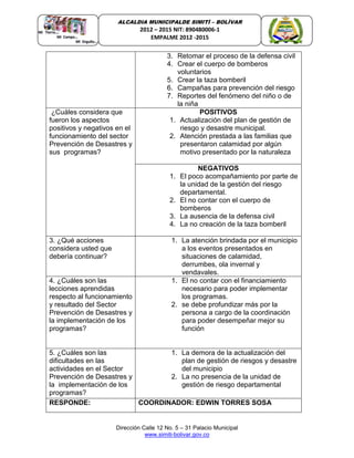 Dirección Calle 12 No. 5 – 31 Palacio Municipal
www.simiti-bolivar.gov.co
ALCALDIA MUNICIPALDE SIMITÌ – BOLÌVAR
2012 – 2015 NIT: 890480006-1
EMPALME 2012 -2015
3. Retomar el proceso de la defensa civil
4. Crear el cuerpo de bomberos
voluntarios
5. Crear la taza bomberil
6. Campañas para prevención del riesgo
7. Reportes del fenómeno del niño o de
la niña
¿Cuáles considera que
fueron los aspectos
positivos y negativos en el
funcionamiento del sector
Prevención de Desastres y
sus programas?
POSITIVOS
1. Actualización del plan de gestión de
riesgo y desastre municipal.
2. Atención prestada a las familias que
presentaron calamidad por algún
motivo presentado por la naturaleza
NEGATIVOS
1. El poco acompañamiento por parte de
la unidad de la gestión del riesgo
departamental.
2. El no contar con el cuerpo de
bomberos
3. La ausencia de la defensa civil
4. La no creación de la taza bomberil
3. ¿Qué acciones
considera usted que
debería continuar?
1. La atención brindada por el municipio
a los eventos presentados en
situaciones de calamidad,
derrumbes, ola invernal y
vendavales.
4. ¿Cuáles son las
lecciones aprendidas
respecto al funcionamiento
y resultado del Sector
Prevención de Desastres y
la implementación de los
programas?
1. El no contar con el financiamiento
necesario para poder implementar
los programas.
2. se debe profundizar más por la
persona a cargo de la coordinación
para poder desempeñar mejor su
función
5. ¿Cuáles son las
dificultades en las
actividades en el Sector
Prevención de Desastres y
la implementación de los
programas?
1. La demora de la actualización del
plan de gestión de riesgos y desastre
del municipio
2. La no presencia de la unidad de
gestión de riesgo departamental
RESPONDE: COORDINADOR: EDWIN TORRES SOSA
 