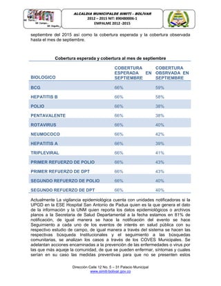 Dirección Calle 12 No. 5 – 31 Palacio Municipal
www.simiti-bolivar.gov.co
ALCALDIA MUNICIPALDE SIMITÌ – BOLÌVAR
2012 – 2015 NIT: 890480006-1
EMPALME 2012 -2015
septiembre del 2015 así como la cobertura esperada y la cobertura observada
hasta el mes de septiembre.
Cobertura esperada y cobertura al mes de septiembre
BIOLOGICO
COBERTURA
ESPERADA EN
SEPTIEMBRE
COBERTURA
OBSRVADA EN
SEPTIEMBRE
BCG 66% 59%
HEPATITIS B 66% 58%
POLIO 66% 38%
PENTAVALENTE 66% 38%
ROTAVIRUS 66% 40%
NEUMOCOCO 66% 42%
HEPATITIS A 66% 39%
TRIPLEVIRAL 66% 41%
PRIMER REFUERZO DE POLIO 66% 43%
PRIMER REFUERZO DE DPT 66% 43%
SEGUNDO REFUERZO DE POLIO 66% 40%
SEGUNDO REFUERZO DE DPT 66% 40%
Actualmente La vigilancia epidemiológica cuenta con unidades notificadoras si la
UPGD en la ESE Hospital San Antonio de Padua quien es la que genera el dato
de la información y la UNM quien reporta los datos epidemiológicos o archivos
planos a la Secretaria de Salud Departamental a la fecha estamos en 81% de
notificación, de igual manera se hace la notificación del evento se hace
Seguimiento a cada uno de los eventos de interés en salud pública con su
respectivo estudio de campo, de igual manera a través del sistema se hacen las
respectivas búsqueda Institucionales y el seguimiento a las búsquedas
comunitarias, se analizan los casos a través de los COVES Municipales. Se
adelantan acciones encaminadas a la prevención de las enfermedades o virus por
las que más aqueje la comunidad, de que se pueden enfermar, síntomas y cuales
serían en su caso las medidas preventivas para que no se presenten estos
 