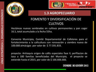 LÍNEA ESTRATÉGICA 1. DESARROLLO ECONÓMICO

1.3 AGROPECUARIO
FOMENTO Y DIVERSIFICACIÓN DE
CULTIVOS
Hectáreas nuevas sembradas en cultivos permanentes y pan coger
16.5, total acumulado a la fecha 55ha.
Convenio Municipio, Comité Departamental de Cafeteros para el
fortalecimiento a la caficultura con renovación y siembra nueva de
100.000 almácigos por valor de $ 77.591.833.
proyecto: Antioquia origen de cafés especiales fase II; perfilacion de
tasa a 100 familias beneficiadas del Municipio, el proyecto se
extiende hasta el 2015, por valor de $ 166.666.666.

 