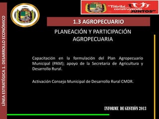 LÍNEA ESTRATÉGICA 1. DESARROLLO ECONÓMICO

1.3 AGROPECUARIO
PLANEACIÓN Y PARTICIPACIÓN
AGROPECUARIA
Capacitación en la formulación del Plan Agropecuario
Municipal (PAM); apoyo de la Secretaria de Agricultura y
Desarrollo Rural.
Activación Consejo Municipal de Desarrollo Rural CMDR.

 