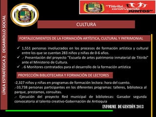 LÍNEA ESTRATÉGICA 2. DESARROLLO SOCIAL

CULTURA
FORTALECIMIENTOS DE LA FORMACIÓN ARTÍSTICA, CULTURAL Y PATRIMONIAL
 1,551 personas involucrados en los procesos de formación artística y cultural
entre los que se cuentan 283 niños y niñas de 0-6 años.
 .- Presentación del proyecto "Escuela de artes patrimonio inmaterial de Titiribí"
ante el Ministerio de Cultura.
 .-6 Monitores contratados para el desarrollo de la formación artística

PROYECCIÓN BIBLIOTECARIA Y FORMACIÓN DE LECTORES
-2,327 niños y niñas en programas de formación lectora: hora del cuento.
.-33,738 personas participantes en los diferentes programas: talleres, biblioteca al
parque, prestamos, consultas.
.- Ejecución del proyecto Red municipal de bibliotecas: Ganador segunda
convocatoria al talento creativo-Gobernación de Antioquia

 