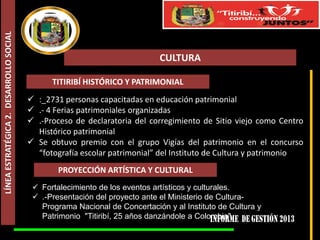 LÍNEA ESTRATÉGICA 2. DESARROLLO SOCIAL

CULTURA
TITIRIBÍ HISTÓRICO Y PATRIMONIAL
 :_2731 personas capacitadas en educación patrimonial
 .- 4 Ferias patrimoniales organizadas
 .-Proceso de declaratoria del corregimiento de Sitio viejo como Centro
Histórico patrimonial
 Se obtuvo premio con el grupo Vigías del patrimonio en el concurso
“fotografía escolar patrimonial” del Instituto de Cultura y patrimonio

PROYECCIÓN ARTÍSTICA Y CULTURAL
 Fortalecimiento de los eventos artísticos y culturales.
 .-Presentación del proyecto ante el Ministerio de CulturaPrograma Nacional de Concertación y al Instituto de Cultura y
Patrimonio "Titiribí, 25 años danzándole a Colombia"

 