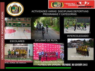 LÍNEA ESTRATÉGICA 2. DESARROLLO SOCIAL

ACTIVIDADES VARIAS DISCIPLINAS DEPORTIVAS
PROGRAMAS Y CATEGORÍAS.

INTERCOLEGIADO

ESCOLARES

FUTSAL MASC. SUBCAMPEÓN
EN EL ZONAL DE AMAGA.

CICLISMO DE RUTA.

SEL- FUTBOL SUB-21

PARTICIPACIÓN EN PONY
FUTBOL EN JARDÍN.

 