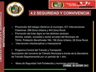 LÍNEA ESTRATÉGICA 4. DESARROLLO
INSTITUCIONAL

4.2 SEGURIDAD Y CONVIVENCIA

o Prevención del trabajo infantil en el municipio, 811 Intervenciones
Colectivas ,388 Zona Urbana y 443 Zona Rural.
o Promoción del trato digno en los distintos sectores
(familia, estado, sociedad y sector privado) del Municipio de
Titiribí, Población Beneficiada 184, 156 Zona Urbana, 28 Zona Rural.
o Intervención interdisciplinar e intersectorial
• Programa Control del Tránsito y Transporte:
Suscripción del convenio de Tránsito Municipal a través de la Secretaría
de Tránsito Departamental por un periodo de 1 año.
•

Mesa de Seguridad Vial Fortalecida y reuniones periódicas

 
