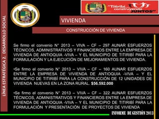 LÍNEA ESTRATÉGICA 2. DESARROLLO SOCIAL

VIVIENDA
CONSTRUCCIÓN DE VIVIENDA

Se firmo el convenio N° 2013 – VIVA – CF – 297 AUNAR ESFUERZOS
TÉCNICOS, ADMINISTRATIVOS Y FINANCIEROS ENTRE LA EMPRESA DE
VIVIENDA DE ANTIOQUIA -VIVA – Y EL MUNICIPIO DE TITIRIBÍ PARA LA
FORMULACIÓN Y LA EJECUCIÓN DE MEJORAMIENTOS DE VIVIENDA.
•Se firmo el convenio N° 2013 – VIVA – CF – 160 AUNAR ESFUERZOS
ENTRE LA EMPRESA DE VIVIENDA DE ANTIOQUIA -VIVA – Y EL
MUNICIPIO DE TITIRIBÍ PARA LA CONSTRUCCIÓN DE 12 UNIDADES DE
VIVIENDA NUEVAS EN LA ZONA RURAL. $56.592.000
•Se firmo el convenio N° 2013 – VIVA – CF – 322 AUNAR ESFUERZOS
TÉCNICOS, ADMINISTRATIVOS Y FINANCIEROS ENTRE LA EMPRESA DE
VIVIENDA DE ANTIOQUIA -VIVA – Y EL MUNICIPIO DE TITIRIBÍ PARA LA
FORMULACIÓN Y PRESENTACIÓN DE PROYECTOS DE VIVIENDA

 