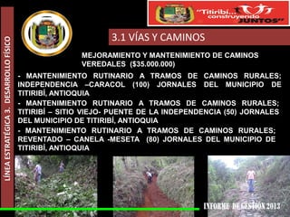 LÍNEA ESTRATÉGICA 3. DESARROLLO FÍSICO

3.1 VÍAS Y CAMINOS
MEJORAMIENTO Y MANTENIMIENTO DE CAMINOS
VEREDALES ($35.000.000)
- MANTENIMIENTO RUTINARIO A TRAMOS DE CAMINOS RURALES;
INDEPENDENCIA –CARACOL (100) JORNALES DEL MUNICIPIO DE
TITIRIBÍ, ANTIOQUIA
- MANTENIMIENTO RUTINARIO A TRAMOS DE CAMINOS RURALES;
TITIRIBÍ – SITIO VIEJO- PUENTE DE LA INDEPENDENCIA (50) JORNALES
DEL MUNICIPIO DE TITIRIBÍ, ANTIOQUIA
- MANTENIMIENTO RUTINARIO A TRAMOS DE CAMINOS RURALES;
REVENTADO – CANELA -MESETA (80) JORNALES DEL MUNICIPIO DE
TITIRIBÍ, ANTIOQUIA

 