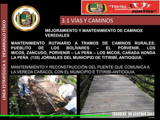 LÍNEA ESTRATÉGICA 3. DESARROLLO FÍSICO

3.1 VÍAS Y CAMINOS
MEJORAMIENTO Y MANTENIMIENTO DE CAMINOS
VEREDALES

MANTENIMIENTO RUTINARIO A TRAMOS DE CAMINOS RURALES;
PUEBLITO
DE
LOS
BOLÍVARES
–
EL
PORVENIR,
LOS
MICOS, ZANCUDO, PORVENIR – LA PEÑA – LOS MICOS, CAÑADA HONDA
LA PEÑA (135) JORNALES DEL MUNICIPIO DE TITIRIBÍ, ANTIOQUIA.
MANTENIMIENTO Y RECONSTRUCCIÓN DEL PUENTE QUE COMUNICA A
LA VEREDA CARACOL CON EL MUNICIPIO E TITIRIBÍ-ANTIOQUIA

 