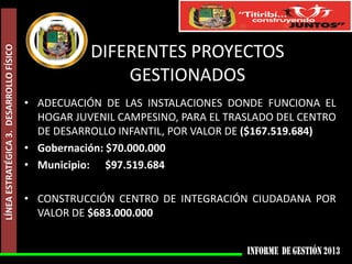 LÍNEA ESTRATÉGICA 3. DESARROLLO FÍSICO

DIFERENTES PROYECTOS
GESTIONADOS
• ADECUACIÓN DE LAS INSTALACIONES DONDE FUNCIONA EL
HOGAR JUVENIL CAMPESINO, PARA EL TRASLADO DEL CENTRO
DE DESARROLLO INFANTIL, POR VALOR DE ($167.519.684)
• Gobernación: $70.000.000
• Municipio: $97.519.684
• CONSTRUCCIÓN CENTRO DE INTEGRACIÓN CIUDADANA POR
VALOR DE $683.000.000

 