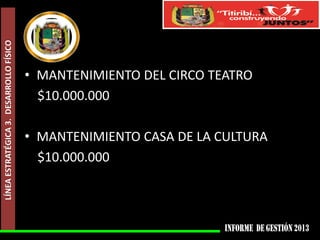 LÍNEA ESTRATÉGICA 3. DESARROLLO FÍSICO

• MANTENIMIENTO DEL CIRCO TEATRO
$10.000.000
• MANTENIMIENTO CASA DE LA CULTURA
$10.000.000

 