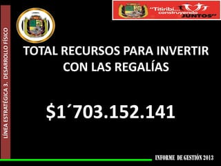 LÍNEA ESTRATÉGICA 3. DESARROLLO FÍSICO

TOTAL RECURSOS PARA INVERTIR
CON LAS REGALÍAS

$1´703.152.141

 