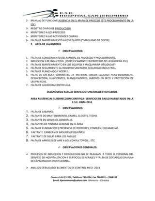 Carrera 14 # 22-200, Teléfono 7834234, Fax 7868191 – 7868102
Email: hjeronimom@yahoo.com Montería – Córdoba
2- MANUAL DE FUNCIONE(AUSENCIA EN EL MAPA DE PROCESO ESTE PROCEDIMIENTO EN LA
ESE)
3- REGISTRO DIARIO DE PRODUCCIÓN
4- MONITOREO A LOS PROCESOS
5- MONITOREO A LAS ACTIVIDADES DIARIAS
6- FALTA DE MANTENIMIENTO A LOS EQUIPOS (*MAQUINAS DE COCER)
2. ÁREA DE LAVANDERÍA
 OBSERVACIONES:
1. FALTA DE CONOCIMIENTO DEL MANUAL DE PROCESOS Y PROCEDIMIENTO.
2. INDUCCIÓN Y RE-INDUCCIÓN. (ESPECÍFICAMENTE EN PROCESOS DE LAVANDERÍA ESE)
3. FALTA DE MANTENIMIENTO EN LOS EQUIPOS Y MAQUINARIA UTILIZADAS*
4. FALTA DE SEGUIMIENTO AL REGISTRO SANITARIO, SEGURIDAD INDUSTRIAL.
5. FALTA DE PLANCHADO Y ACOPLE.
6. FALTA DE UN BUEN SUMINISTRO DE MATERIAL (MEJOR CALIDAD) PARA DESMANCHE,
DESINFECCIÓN, SUAVIZANTES, BLANQUEADORES, JABONES EN SECO Y PROTECCIÓN DE
LAS PRENDAS.
7. FALTA DE LAVADORA CENTRIFUGA.
DIAGNÓSTICO ACTUAL SERVICIOS FUNCIONALES HOTELEROS
AREA ASISTENCIAL-SUBDIRECCION CIENTIFICA- SERVICIOS DE SALUD HABILITADOS EN LA
E.S.E. HSJM-2016
 OBSERVACIONES:
1. FALTA DE SABANAS.
2. FALTANTE DE MANTENIMIENTO, CAMAS, CLOSETS, TECHO.
3. FALTANTE EN SERVICIOS GENERALES.
4. FALTANTES DE PINTURA GENERAL EN EL ÁREA
5. FALTA DE FUMIGACIÓN ( PRESENCIA DE ROEDORES, COMEJÉN, CUCARACHAS
6. FALTANTE CANECAS DE BASURAS (PEQUEÑAS)
7. FALTANTE DE SILLAS PARA LOS PASILLO
8. FALTA DE ARREGLO DE AIRE A LOS CONSULTORIOS… ETC.
 OBSERVACIONES GENERALES:
 PROCESOS DE INDUCCION Y REINDUCCION NO SE REALIZAN A TODO EL PERSONAL DEL
SERVICIO DE HOSPITALIZACION Y SERVICIOS GENERALES Y FALTA DE SOCIALIZACION PLAN
DE CAPACITACION INSTITUCIONAL.
 ANALISIS DEBILIDADES ELEMENTOS DE CONTROL MECI -2014
 