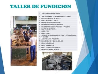 TALLER DE FUNDICION
1 TONELADA DE CARBÓN COQUE
8 TABLAS DE AMARILLO MADERA EN BUEN ESTADO
2 DOCENAS DE HOJAS DE SEGUETA
4 PARES DE GUANTES LARGOS
6 LIMAS PLANAS DE 12 PULGADAS
6 LIMAS MEDIA CAÑA DE 12 PULGADAS
6 LIMAS REDONDAS DE 12 PULGADAS Y PEQUEÑAS
3 BULTOS DE BENTONITA
4 CABOS PICAS
4 CABOS PALAS
6
JUEGO DE ATORNILLADORES DE PALA Y ESTRÍA MEDIANOS
Y GRANDES
2 JUEGO DE LIMAS PEQUEÑITAS
72 LIJAS DE 80, 100 ,120,150, 220,400
9 FELPA PARA BRILLAR
6 PASTA PARA BRILLAR
1 CRISOLES GRAFITO DE 50 KILOS
2 PRENSAS DE BANCO, NUMERO 4
 