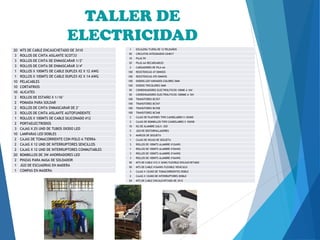 TALLER DE
ELECTRICIDAD
1 ESCALERA TIJERA DE 12 PELDAÑOS
50 CIRCUITOS INTEGRADOS CD4017
10 PILAS 9V
20 PILAS AA RECARGABLES
2 CARGADORES DE PILA AA
100 RESISTENCIAS 47 OMNIOS
100 RESISTENCIAS 470 OMNIOS
100 DIODOS LED VARIADOS COLORES 5MM
100 DIODOS TRICOLORES 5MM
50 CONDENSADORES ELECTROLITICOS 100ME A 16V
50 CONDENSADORES ELECTROLITICOS 1000ME A 16V
100 TRANSITORES BC557
100 TRANSITORES BC547
100 TRANSITORES BC558
100 TRANSITORES BC548
2 CAJAS DE PLAFONES TIPO CANDELABRO X 10UND
2 CAJAS DE BOMBILLOS TIPO CANDELABRO X 10UND
10 KG DE ALAMBRE GALV. #20
5 JGO DE DESTORNILLADORES
5 MARCOS DE SEGUETA
1 CAJAS DE HOJAS DE SEGUETA
3 ROLLOS DE 100MTS ALAMBRE #12AWG
1 ROLLOS DE 100MTS ALAMBRE #10AWG
3 ROLLOS DE 100MTS ALAMBRE #14AWG
3 ROLLOS DE 100MTS ALAMBRE #16AWG
50 MTS DE CABLE #12 X 3AWG FLEXIBLE ENCAUCHETADO
50 MTS DE CABLE #16AWG FLEXIBLE VEHICULO
3 CAJAS X 12UND DE TOMACORRIENTES DOBLE
2 CAJAS X 12UND DE INTERRUPTORES DOBLE
20 MTS DE CABLE ENCAUCHETADO DE 3X12
20 MTS DE CABLE ENCAUCHETADO DE 3X10
3 ROLLOS DE CINTA AISLANTE SCOT33
3 ROLLOS DE CINTA DE ENMASCARAR 1/2"
3 ROLLOS DE CINTA DE ENMASCARAR 3/4"
1 ROLLOS X 100MTS DE CABLE DUPLEX #2 X 12 AWG
1 ROLLOS X 100MTS DE CABLE DUPLEX #2 X 14 AWG
10 PELACABLES
10 CORTAFRIOS
10 ALICATES
2 ROLLOS DE ESTAÑO X 1/16"
2 POMADA PARA SOLDAR
2 ROLLOS DE CINTA ENMASCARAR DE 2"
3 ROLLOS DE CINTA AISLANTE AUTOFUNDENTE
1 ROLLOS X 100MTS DE CABLE SILICONADO #12
2 PORTAELECTRODOS
3 CAJAS X 25 UND DE TUBOS DIODO LED
10 LAMPARAS LED DOBLES
2 CAJAS DE TOMACORRIENTE CON POLO A TIERRA
2 CAJAS X 12 UND DE INTERRUPTORES SENCILLOS
2 CAJAS X 12 UND DE INTERRUPTORES CONMUTABLES
20 BOMBILLOS DE 3W AHORRADORES LED
2 PINZAS PARA MASA DE SOLDADOR
1 JGO DE ESCUADRAS EN MADERA
1 COMPAS EN MADERA
 