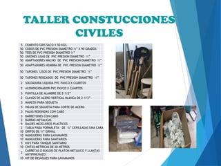 5 CEMENTO GRIS SACO X 50 KGS.
50 CODOS DE PVC PRESION DIAMETRO ½” X 90 GRADOS
50 TEES DE PVC PRESION DIAMETRO ½”
50 UNIONES LISAS DE PVC PRESION DIAMETRO ½”
50 ADAPTADORES MACHO DE PVC PRESION DIAMETRO ½”
50 ADAPTADORES HEMBRA DE PVC PRESION DIAMETRO ½”
50 TAPONES LISOS DE PVC PRESION DIAMETRO ½”
50 TAPONES ROSCADOS DE PVC PRESION DIAMETRO ½”
2 SOLDADURA LIQUIDA PVC PAVCO X CUARTOS
2 ACONDICIONADOR PVC PAVCO X CUARTOS
5 PUNTILLA DE ALAMBRE DE 2-1/2”
2 CLAVOS DE ACERO VERTICAL BLANCA DE 2-1/2”
3 MARCOS PARA SEGUETA
5 HOJAS DE SEGUETA PARA CORTE DE ACERO
3 PALAS REDONDAS CON CABO
3 BARRETONES CON CABO
2 BARRAS METALICAS
5 BALDES MEZCLEROS PLASTICOS
2 TABLA PARA FORMALETA DE ¾” CEPILLADAS UNA CARA
10 GRIFOS DE ½” GRIVAL
10 MANGUERAS PARA LAVAMANOS
10 MANGUERAS PARA SANITARIOS
5 KITS PARA TANQUE SANITARIO
10 CINTAS METRICAS DE 20 METROS
2
CARRETAS O BUGUIS DE PLATON METALICO Y LLANTAS
ANTIPINCHAZO
10 KIT DE DESAGUES PARA LAVAMANOS
TALLER CONSTUCCIONES
CIVILES
 