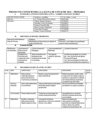 PROYECTO: CONOCIENDO LA LAGUNA DE CONACHE 2016 – PRIMARIA
I. DATOS DE LA INSTITUCIÓN EDUCATIVA: “ANDRÉS AVELINO CÁCERES”
EQUIPO INNOVADOR Nombres y Apellidos N° de Celular / e-mail
Director: Lic. Walter Ebert Ortiz Chacón 966521606
Docentes: Yulissa Jiménez Romero 951492691
Jackeline Correa Fernández 995560037
Vanesa Castro Revilla 948742123
Diana Ucañan Ylquimiche 947936150
Evans Blas Vásquez 977550899
Fátima Correa Valverde 970262137
II. IDENTIFICACIONDEL PROBLEMA
DescripcióndelProblemaa
Nivel de Primaria
Problema Objetivos
Estudiantesque desconocenyno valoran el
medioambiente local
Promovery concientizaralos estudiantes
sobreel medioambientelocal
III. PLANDE ACCIÓN
Planificación
de Actividades
¿Quéharemos?
Situacionesde
Aprendizaje
¿Cómoloharemos?
Estrategias
¿Quénecesitaremos?
Materiales
¿Cuándoloharemos?
Investigamosy
Promovemosel
cuidadodelmedio
ambientedela
localidad
Visita de estudiosa los
alrededoresdela
localidaddonderesalte
la naturaleza
Test,agenda,
cuaderno,lapiceros,
etc.
1eraSemanadeAgosto se coordina
2da, 3era, 4ta SemanadeAgosto
ProcesodelProyecto
1era SemanadeSetiembreSelección
2daSemanadeSetiembrelaexposición.
IV. DESARROLLO DEL PLANDE ACCIÓN:
Grado AREA COMPETENCIA CAPACIDADES INDICADORES Nivel de
Avance
1° Matemática Actúa y piensa
matemáticamenteen
situacionesdeforma,
movimientoylocalización
Razona y argumentagenerando
ideasmatemáticas
Elaborasupuestosy verifica sobre
la estimacióndemedida,longitudy
superficieycapacidadenunidades
de medidaarbitrarias,basándose
en experienciasvivenciales.
3
Cienciay
Ambiente
Actúa responsablemente
en elambiente
Evalúa problemáticasambientalesy
territorialesdesdemúltiples
perspectivas
Mencionaproblemasambientales
queafectena su espaciocotidiano.
3
Comunicación Producetextos escritos Textualiza sus ideassegúnlas
conveccionesdelaescritura
Usa adjetivos desu ambiente
familiarendiversas situaciones
comunicativas
3
2° Matemática Identifica,interpretay
gráficaposicionesde
objetosrespectoa otros.
Composicióndefiguras
geométricas,cubo,prima,pirámide,
cilindro,cono,esfera.
Relacionaobjetospara
relacionarlosconlasfiguras
geométricasmedianteobjetosdesu
entorno, talescomopiedras,
maderas,tachosdebasura, etc.
3
 