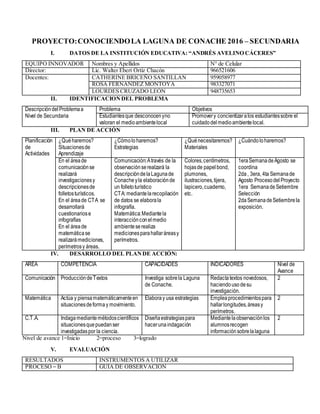 PROYECTO:CONOCIENDOLA LAGUNA DE CONACHE 2016 – SECUNDARIA
I. DATOS DE LA INSTITUCIÓN EDUCATIVA: “ANDRÉS AVELINO CÁCERES”
EQUIPO INNOVADOR Nombres y Apellidos N° de Celular
Director: Lic. Walter Ebert Ortiz Chacón 966521606
Docentes: CATHERINE BRICEÑO SANTILLAN 959058977
ROSA FERNANDEZ MONTOYA 983327071
LOURDES CRUZADO LEÓN 948735653
II. IDENTIFICACIONDEL PROBLEMA
DescripcióndelProblemaa
Nivel de Secundaria
Problema Objetivos
Estudiantesque desconocenyno
valoran el medioambientelocal
Promovery concientizaralos estudiantessobre el
cuidadodelmedioambientelocal.
III. PLAN DE ACCIÓN
Planificación
de
Actividades
¿Quéharemos?
Situacionesde
Aprendizaje
¿Cómolo haremos?
Estrategias
¿Quénecesitaremos?
Materiales
¿Cuándoloharemos?
En el áreade
comunicaciónse
realizará
investigacionesy
descripcionesde
folletosturísticos.
En el áreade CTA se
desarrollará
cuestionariose
infografías
En el áreade
matemáticase
realizarámediciones,
perímetrosy áreas.
Comunicación:Através de la
observaciónserealzará la
descripcióndelaLagunade
Conacheyla elaboraciónde
un folletoturístico
CTA: mediantelarecopilación
de datos se elaborala
infografía.
Matemática:Mediantela
interacciónconelmedio
ambienteserealiza
medicionesparahallaráreasy
perímetros.
Colores,centímetros,
hojasde papelbond,
plumones,
ilustraciones,tijera,
lapicero,cuaderno,
etc.
1eraSemanadeAgosto se
coordina
2da, 3era, 4ta Semanade
Agosto ProcesodelProyecto
1era SemanadeSetiembre
Selección
2daSemanadeSetiembrela
exposición.
IV. DESARROLLO DEL PLANDE ACCIÓN:
AREA COMPETENCIA CAPACIDADES INDICADORES Nivel de
Avance
Comunicación ProduccióndeTextos Investiga sobrela Laguna
de Conache.
Redactatextos novedosos,
haciendousodesu
investigación.
2
Matemática Actúa y piensamatemáticamenteen
situacionesdeformay movimiento.
Elaboray usa estrategias Empleaprocedimientospara
hallarlongitudes,áreasy
perímetros.
2
C.T.A. Indagamediantemétodoscientíficos
situacionesquepuedanser
investigadaspor la ciencia.
Diseñaestrategiaspara
hacerunaindagación
Mediantelaobservaciónlos
alumnosrecogen
informaciónsobrelalaguna
2
Nivel de avance 1=Inicio 2=proceso 3=logrado
V. EVALUACIÓN
RESULTADOS INSTRUMENTOS A UTILIZAR
PROCESO = B GUIA DE OBSERVACIÓN
 