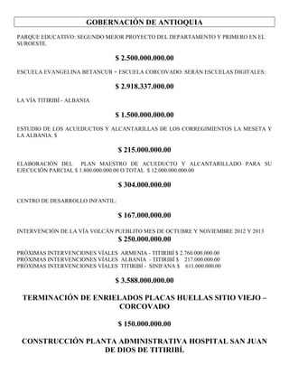 GOBERNACIÓN DE ANTIOQUIA
PARQUE EDUCATIVO: SEGUNDO MEJOR PROYECTO DEL DEPARTAMENTO Y PRIMERO EN EL
SUROESTE.

$ 2.500.000.000.00
ESCUELA EVANGELINA BETANCUR + ESCUELA CORCOVADO: SERÁN ESCUELAS DIGITALES:

$ 2.918.337.000.00
LA VÍA TITIRIBÍ - ALBANIA

$ 1.500.000.000.00
ESTUDIO DE LOS ACUEDUCTOS Y ALCANTARILLAS DE LOS CORREGIMIENTOS LA MESETA Y
LA ALBANIA. $

$ 215.000.000.00
ELABORACIÓN DEL PLAN MAESTRO DE ACUEDUCTO Y ALCANTARILLADO PARA SU
EJECUCIÓN PARCIAL $ 1.800.000.000.00 O TOTAL $ 12.000.000.000.00

$ 304.000.000.00
CENTRO DE DESARROLLO INFANTIL:

$ 167.000.000.00
INTERVENCIÓN DE LA VÍA VOLCÁN PUEBLITO MES DE OCTUBRE Y NOVIEMBRE 2012 Y 2013

$ 250.000.000.00
PRÓXIMAS INTERVENCIONES VÍALES ARMENIA - TITIRIBÍ $ 2.760.000.000.00
PRÓXIMAS INTERVENCIONES VÍALES ALBANIA - TITIRIBÍ $ 217.000.000.00
PRÓXIMAS INTERVENCIONES VÍALES TITIRIBÍ - SINIFANA $ 611.000.000.00

$ 3.588.000.000.00
TERMINACIÓN DE ENRIELADOS PLACAS HUELLAS SITIO VIEJO –
CORCOVADO
$ 150.000.000.00
CONSTRUCCIÓN PLANTA ADMINISTRATIVA HOSPITAL SAN JUAN
DE DIOS DE TITIRIBÍ.

 