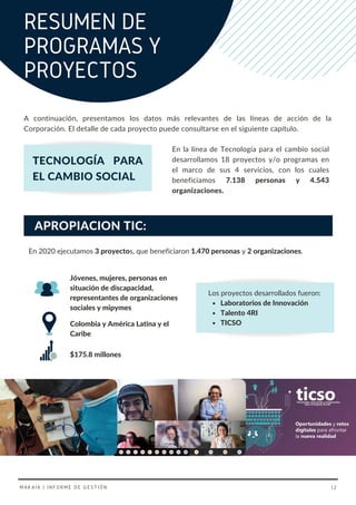Laboratorios de Innovación
Talento 4RI
TICSO
Los proyectos desarrollados fueron:
RESUMEN DE
PROGRAMAS Y
PROYECTOS
En 2020 ejecutamos 3 proyectos, que beneficiaron 1.470 personas y 2 organizaciones.
En la línea de Tecnología para el cambio social
desarrollamos 18 proyectos y/o programas en
el marco de sus 4 servicios, con los cuales
beneficiamos 7.138 personas y 4.543
organizaciones.
A continuación, presentamos los datos más relevantes de las líneas de acción de la
Corporación. El detalle de cada proyecto puede consultarse en el siguiente capítulo.
TECNOLOGÍA PARA
EL CAMBIO SOCIAL
APROPIACION TIC:
Jóvenes, mujeres, personas en
situación de discapacidad,
representantes de organizaciones
sociales y mipymes
Colombia y América Latina y el
Caribe
$175.8 millones
MAKAIA | INFORME DE GESTIÓN 12
 