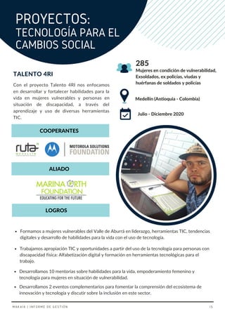 Trabajamos apropiación TIC y oportunidades a partir del uso de la tecnología para personas con
discapacidad física: Alfabetización digital y formación en herramientas tecnológicas para el
trabajo.
Con el proyecto Talento 4RI nos enfocamos
en desarrollar y fortalecer habilidades para la
vida en mujeres vulnerables y personas en
situación de discapacidad, a través del
aprendizaje y uso de diversas herramientas
TIC.
TALENTO 4RI
Medellín (Antioquia - Colombia)
Mujeres en condición de vulnerabilidad,
Exsoldados, ex policías, viudas y
huérfanas de soldados y policías
Julio - Diciembre 2020
285
COOPERANTES
LOGROS
Formamos a mujeres vulnerables del Valle de Aburrá en liderazgo, herramientas TIC, tendencias
digitales y desarrollo de habilidades para la vida con el uso de tecnología.
Desarrollamos 2 eventos complementarios para fomentar la comprensión del ecosistema de
innovación y tecnología y discutir sobre la inclusión en este sector.
ALIADO
Desarrollamos 10 mentorías sobre habilidades para la vida, empoderamiento femenino y
tecnología para mujeres en situación de vulnerabilidad.
PROYECTOS:
TECNOLOGÍA PARA EL
CAMBIOS SOCIAL
MAKAIA | INFORME DE GESTIÓN 15
 